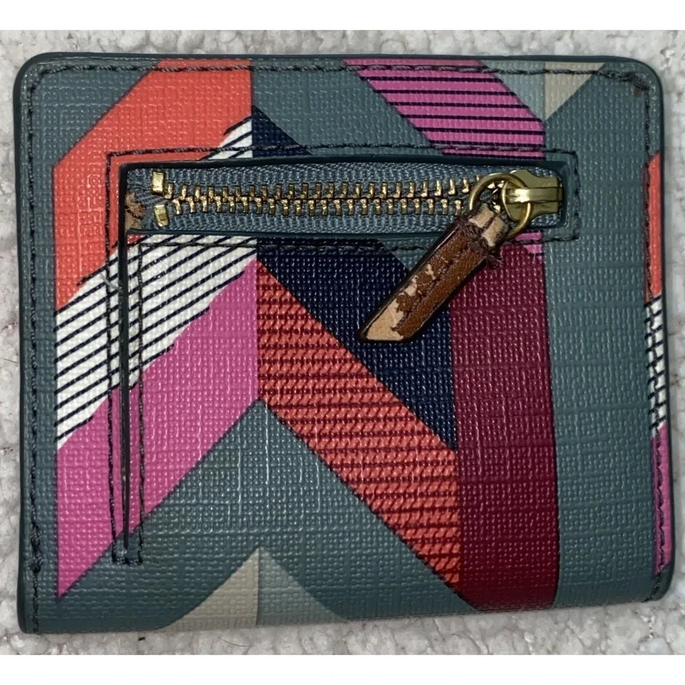 Fossil Multicolor Geometric Print Slim Card Holder Wallet Leather Trim